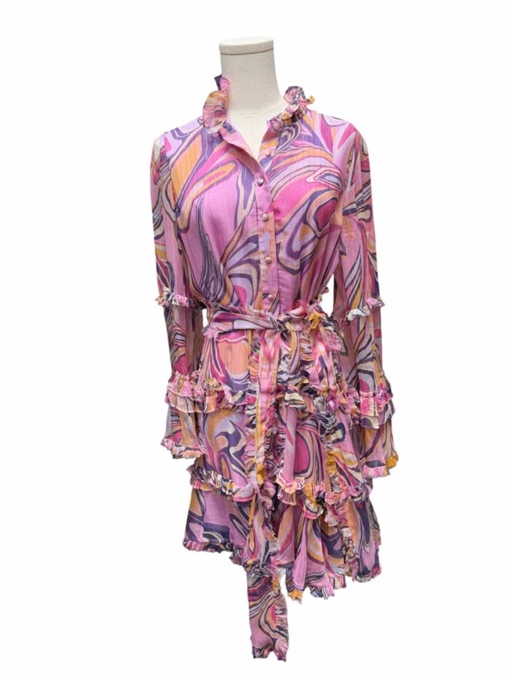 A_13 Alexis Paris Tiered Metallic Abstract-Print Mini Dress